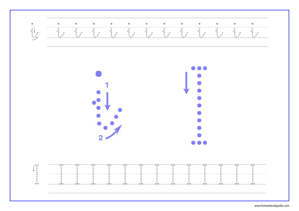 Ficha de caligrafía de la letra y vocal I en minúscula y mayúscula manuscrita