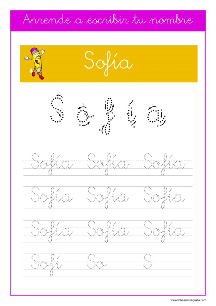Caligrafía para aprender a escribir el nombre propio, Sofía
