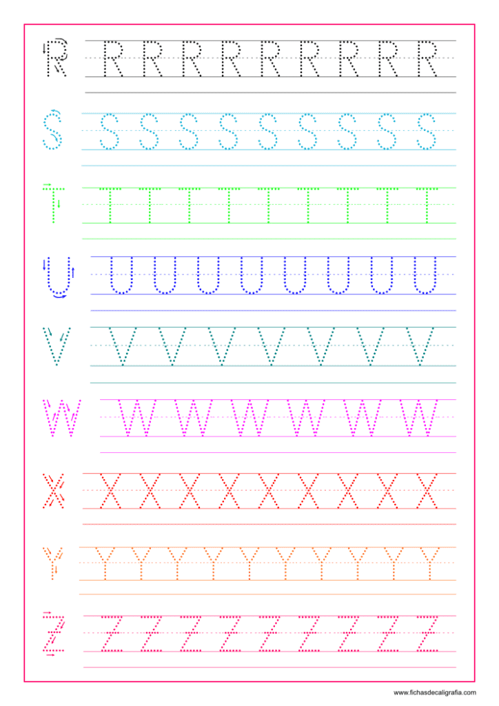 Hoja de Caligrafía con letras del abecedario en mayúsculas de la R a la Z