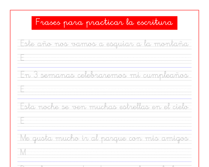 Ficha de caligrafia con frases para imprimir, recursos educativos