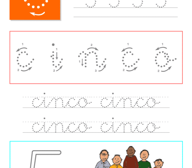 Los números. Hoja de caligrafía del número cinco, recursos educativos