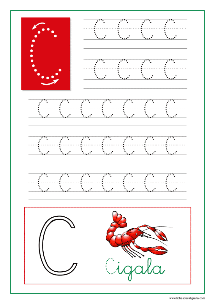 Ficha de caligrafía de la letra C del abecedario en mayúscula.