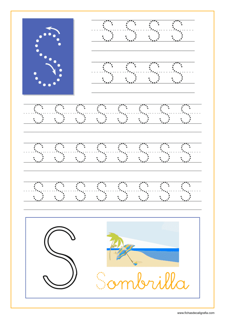 Ficha de caligrafía de la letra S del abecedario en mayúscula.