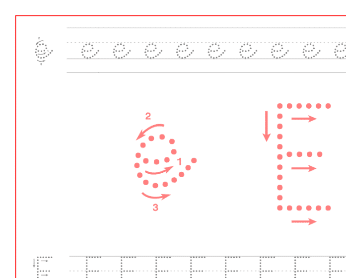 Ficha de caligrafía de la vocal E, recursos educativos