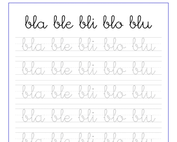 Ficha de caligrafía de las sílabas bla, ble, bli, blo, blu, recursos educativos