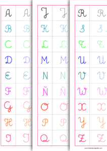 Plantilla de caligrafía con las letras del alfabeto en mayúsculas adornadas de la A a la Z, recursos educativos.
