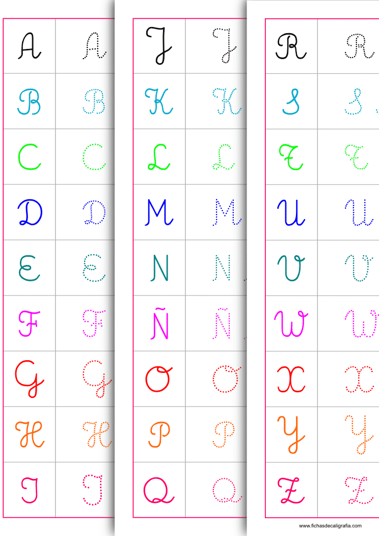 Plantilla de caligrafía con las letras del alfabeto en mayúsculas adornadas de la A a la Z, recursos educativos.