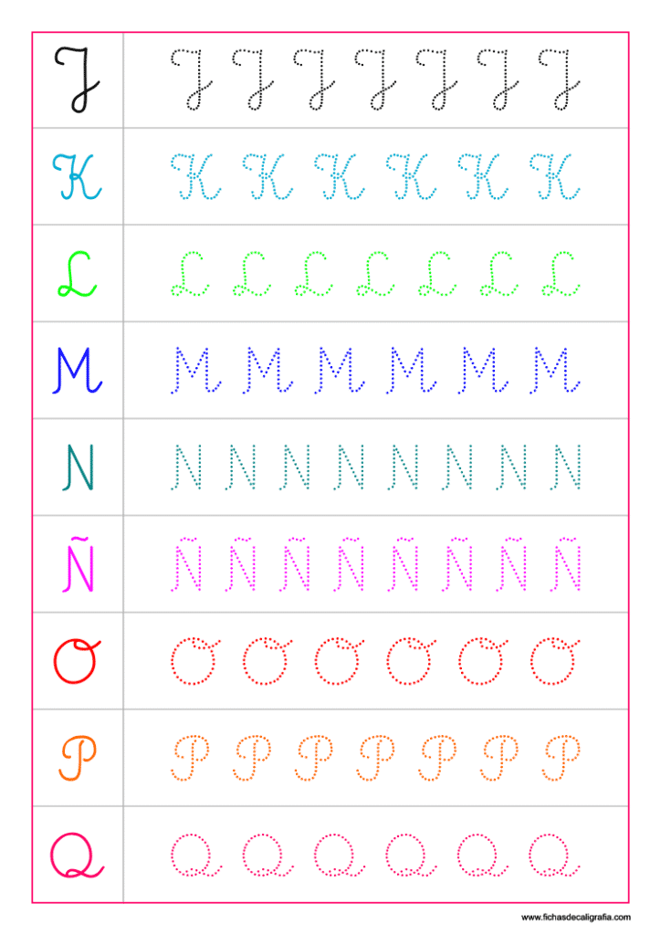 Plantilla de caligrafía con las letras del alfabeto en mayúsculas adornadas de la J a la Q