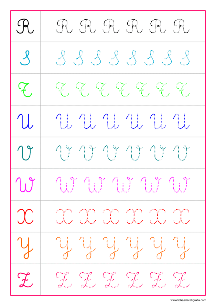 Plantilla de caligrafía con las letras del alfabeto en mayúsculas adornadas de la R a la Z