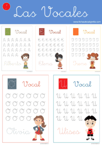 Fichas de caligrafía y lectoescritura con vocales en mayúsculas adornadas para preescolar e infantil