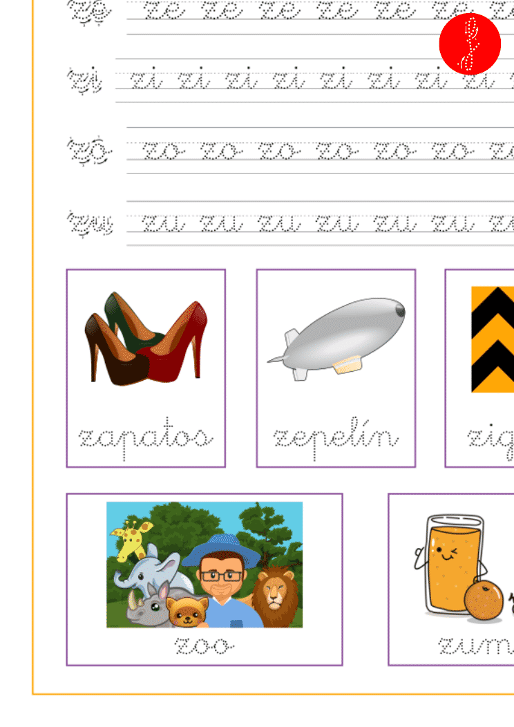 Recursos educativos, ficha de lectoescritura con la letra z en minúscula y las vocales