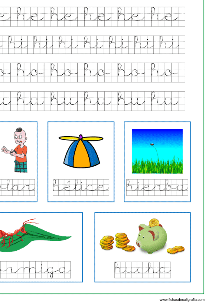 Recursos educativos, ficha de lectoescritura y caligrafía en cuadrícula de la letra h en minuscula