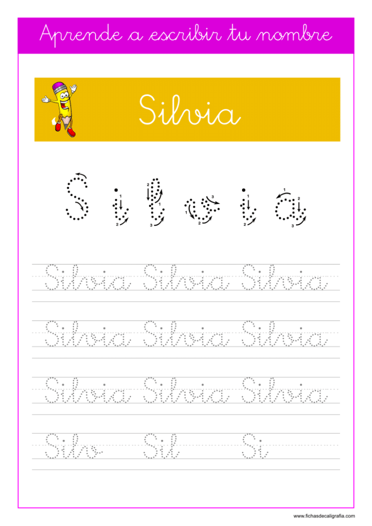 Caligrafía para aprender a escribir el nombre propio, Silvia