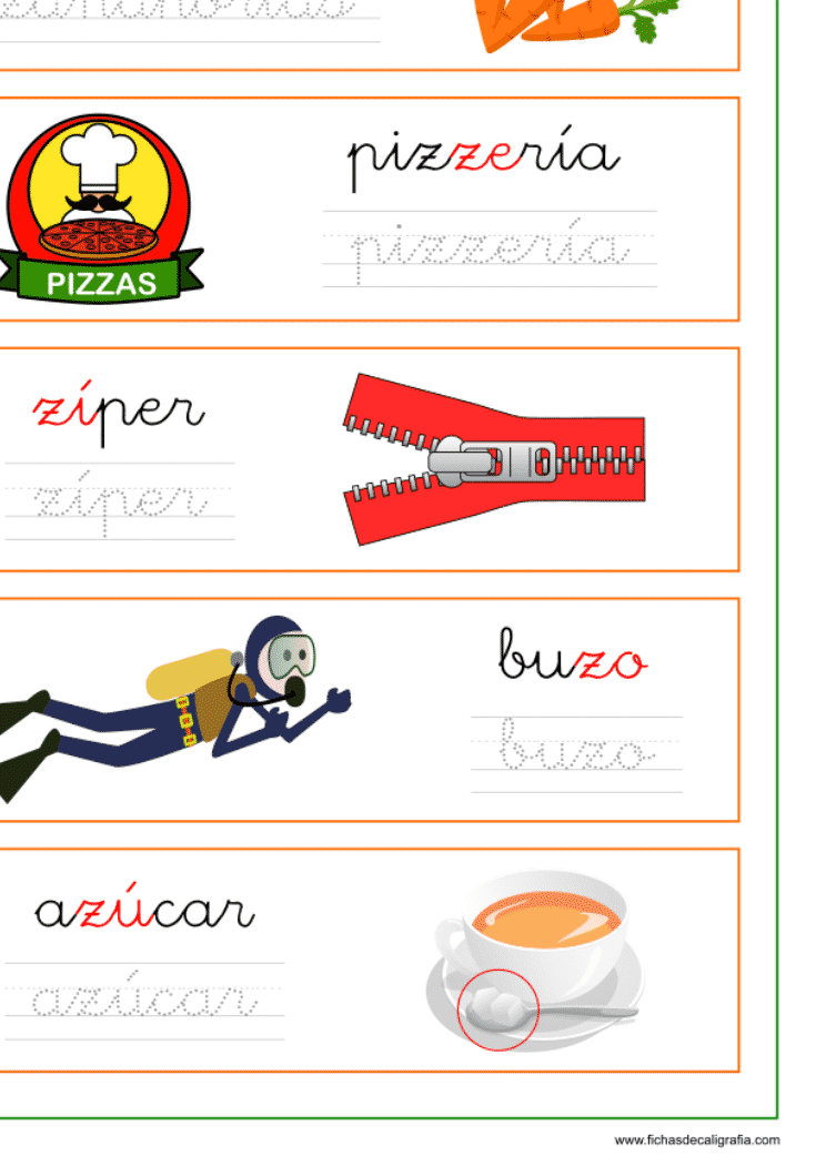 Recursos educativos, Ficha de lectoescritura con palabras que empiezan o contienen za, ze, zi, zo y zu.