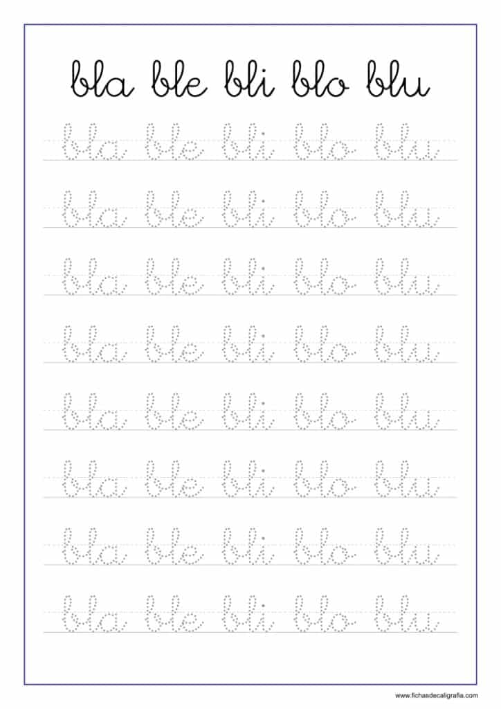 Fichas de caligrafía para imprimir con las silabas bla, ble, bli, blo, blu, punteada con pauta y guiada