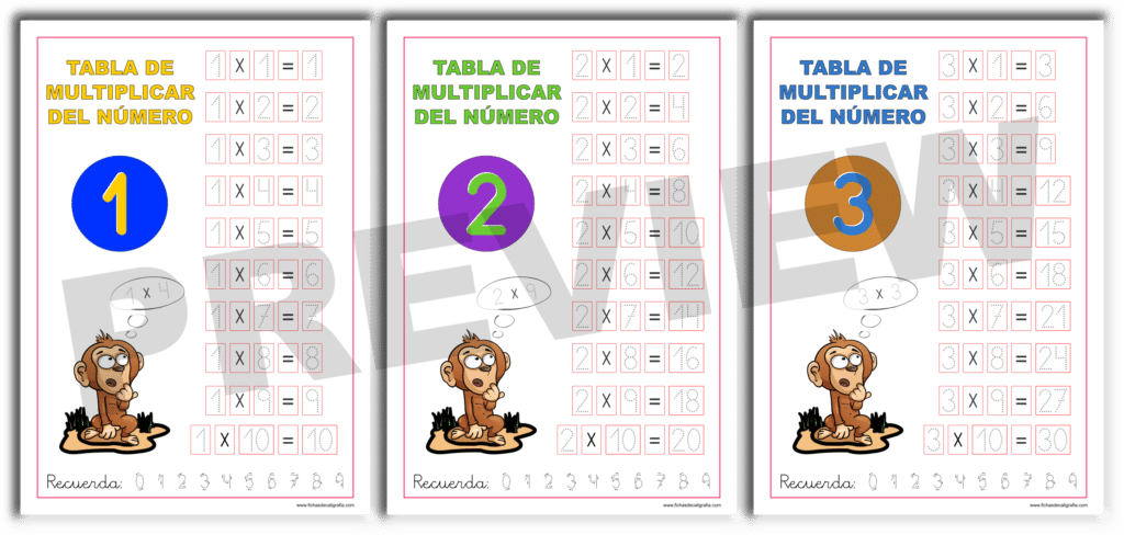Tablas de multiplicar con los números del 1 al 3, preview