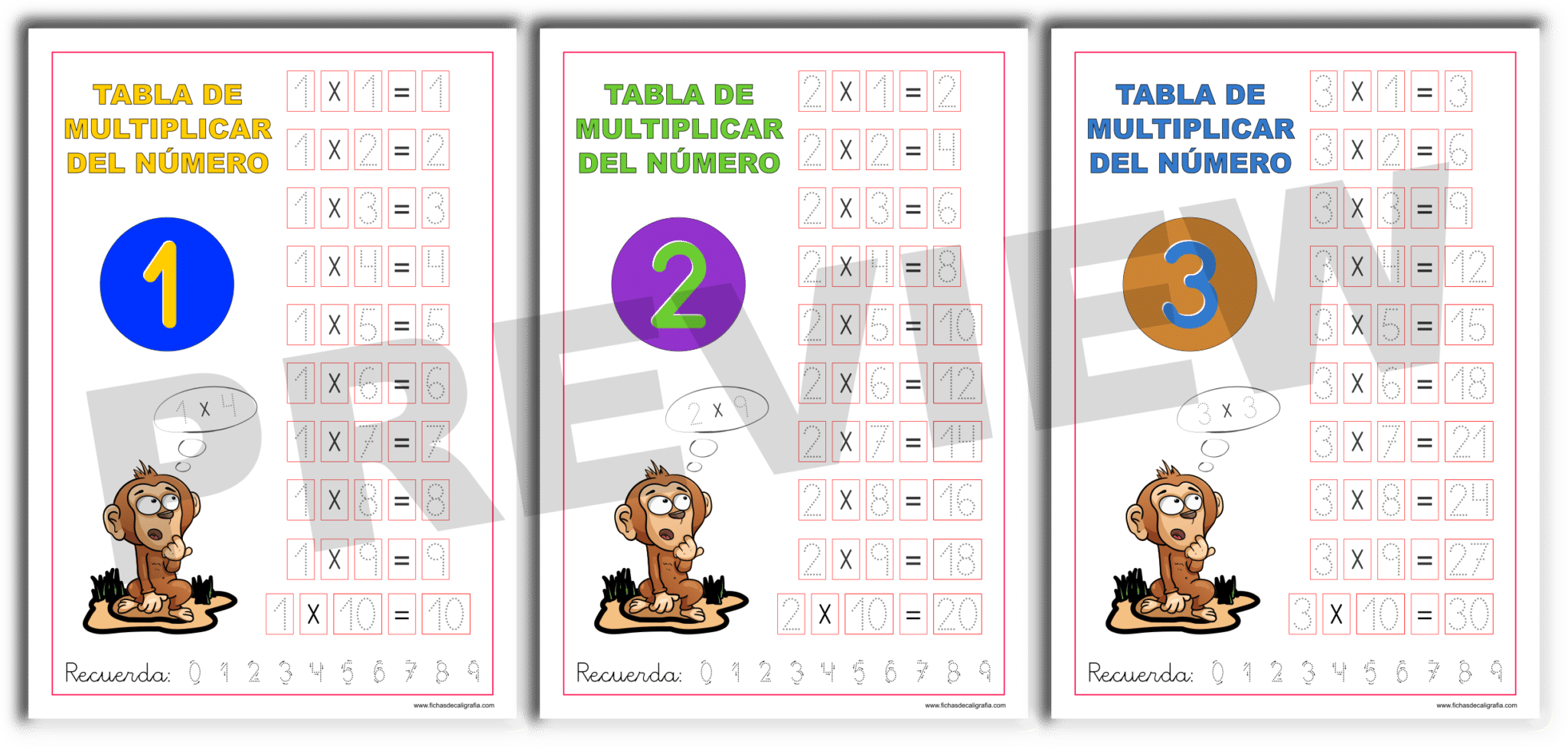 Tablas de Multiplicar del 1 al 9. Fichas de Caligrafía