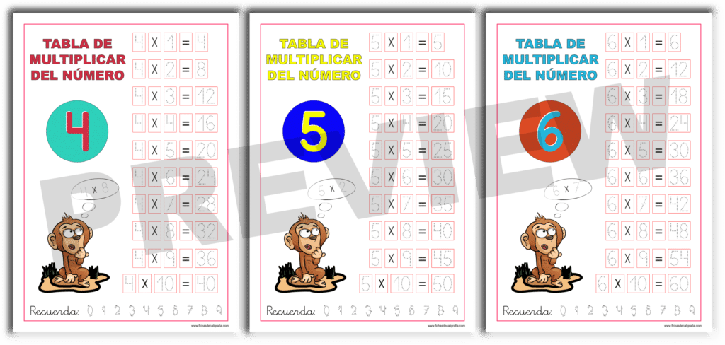 Tablas de multiplicar con los números del 4 al 6, preview