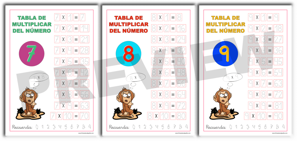 Tablas de multiplicar con los números del 7 al 9, preview